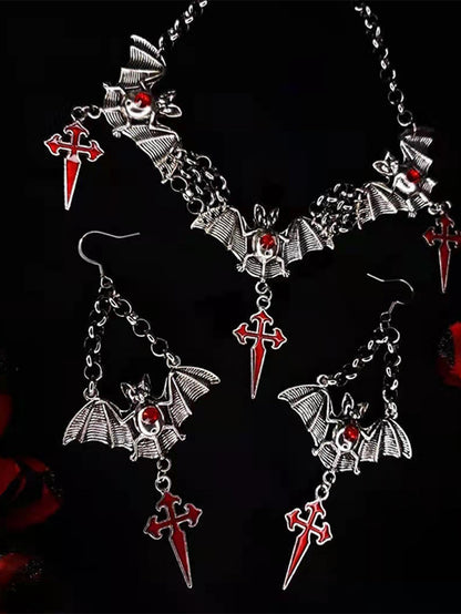 Halloween Gothic Water Drop Bat Cross Earrings and Necklace Set