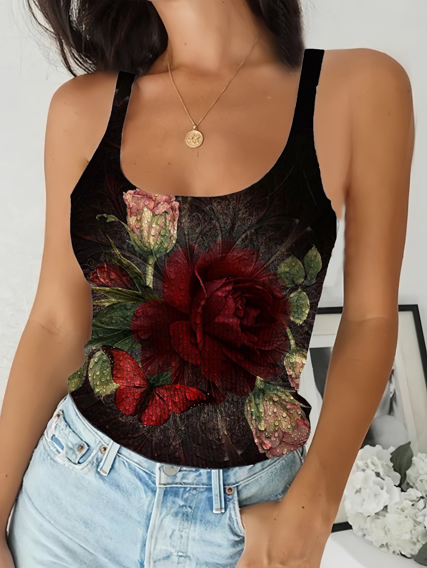 A Single Red Rose Printed Sexy Vest