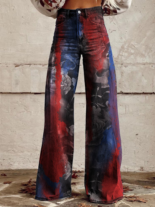 Red and Blue Tie-Dyed Skull Print Wide-Leg Pants