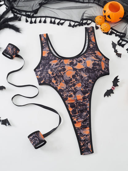 Sexy Gothic Style Skull Print Tight One-Piece Underwear