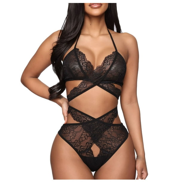 Sexy Sheer Lace Cross-Strap Bodysuit