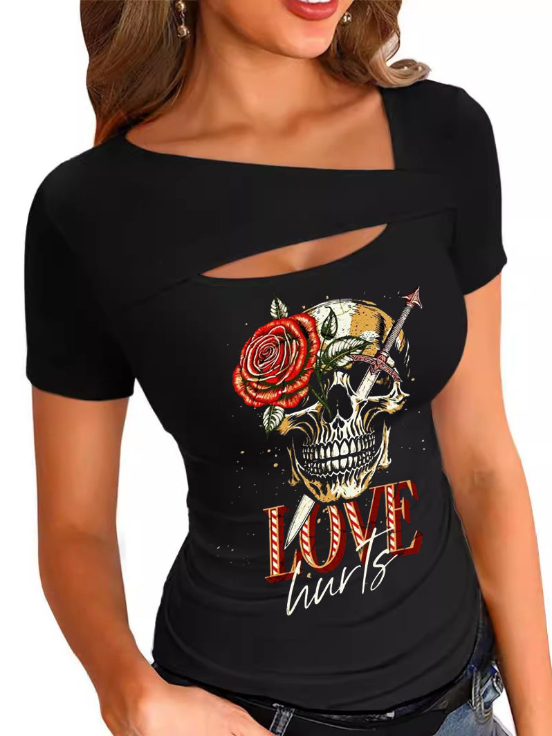 Love Skull And Rose Sexy off-the-Shoulder Tops