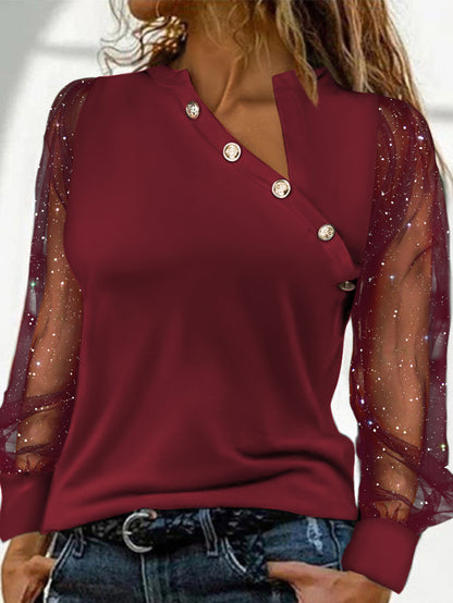 Fashion Mesh Patchwork Diagonal Button Long Sleeve Top