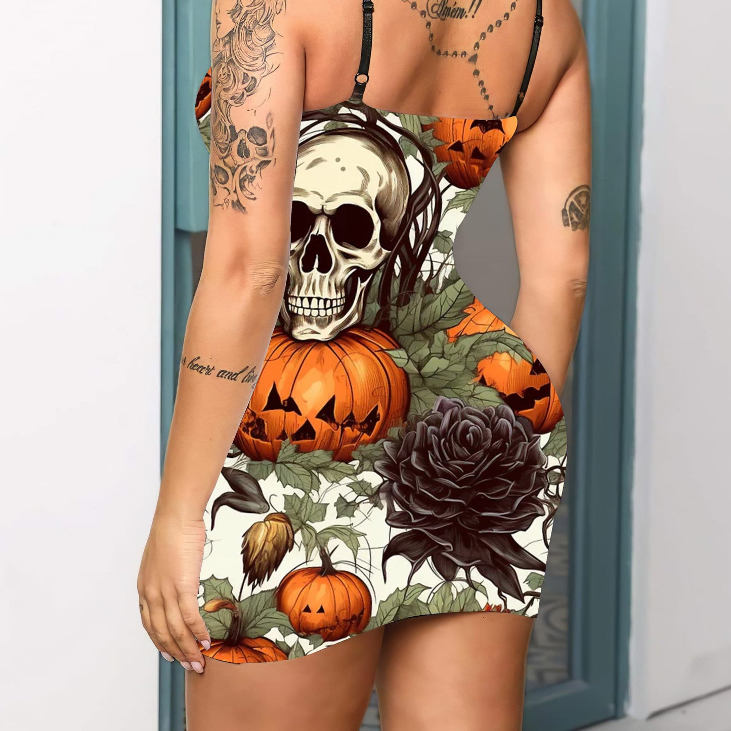 Vintage Halloween Skulls Pumpkin Print V-neck Eyelet Lace-up Suspension Dress