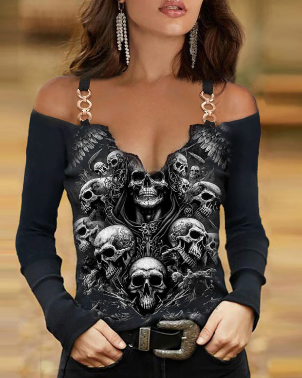 Gothic Skull Printed V-Neck Strapless Top