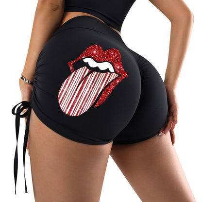 Sequin Mouth Print Skinny Hip Rise Sports Yoga Shorts