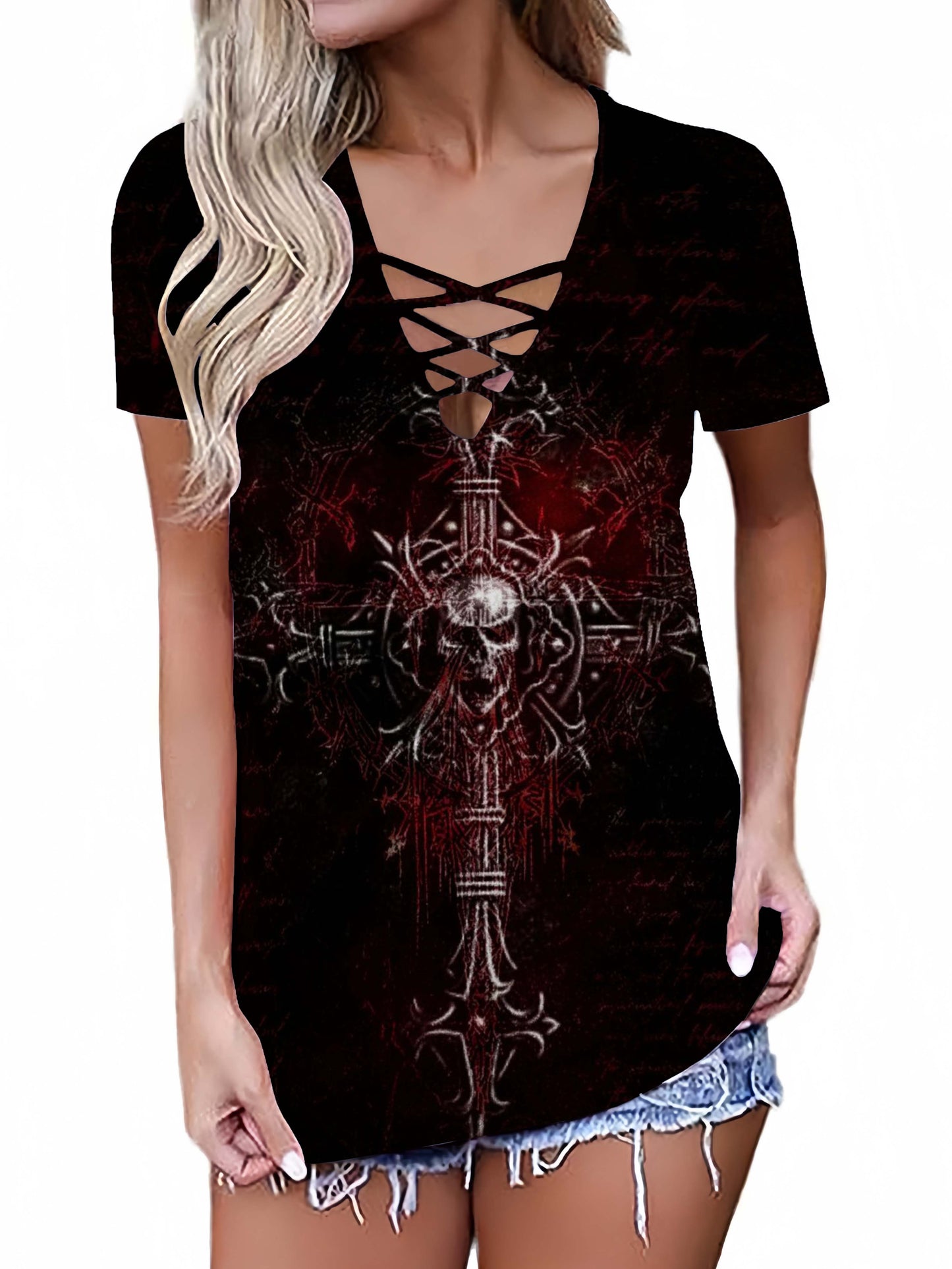 Gothic Cross Skull Printed Sexy V-neck Hollow T-shirt