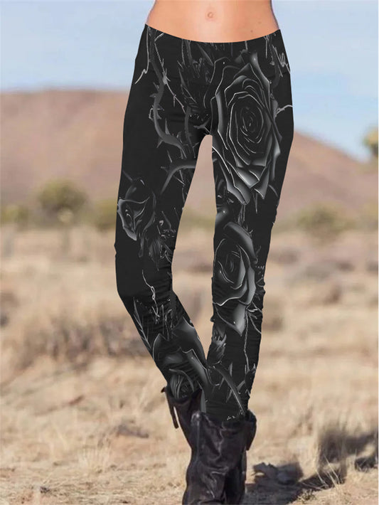 Gothic Has Its Thorn Rose Printed Slim Fit Pants