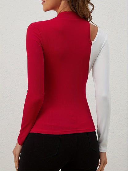 Elegant Women's Color Matching Stitching Hollow Slim T-shirt