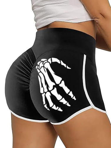 Skull Hand Print High Waist Tummy Control Track Shorts