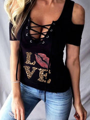 Leopard Love Print Sexy off-the-Shoulder Lace-up Short-Sleeve T-shirt