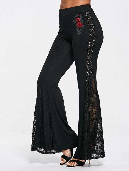 Gothic Rose Cross Print Lace Bell-Bottom Pants