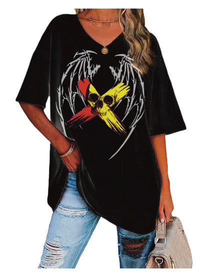 X Skull Wings Printing Loose round Neck Short Sleeve Top