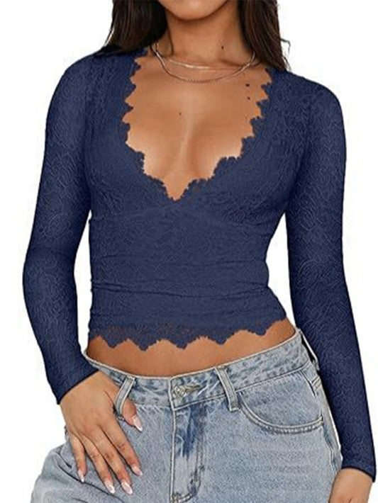 Sexy Women's Lace Hollow V-neck Knitted Long Sleeves