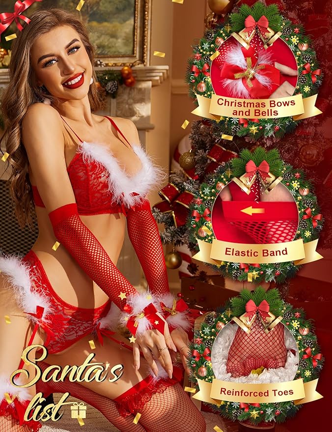 Christmas Sexy Lace Bra Stockings Suit