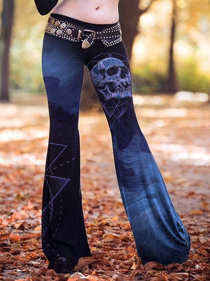 Women's Fashion Gothic Starry Skull Geometric Pattern Print Bell-Bottoms