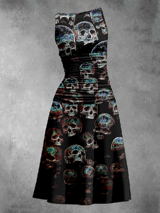 Gothic Skull Printed Pleated Vest Dress