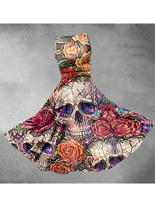 Colorful Skull Rose Slim Vest Dress