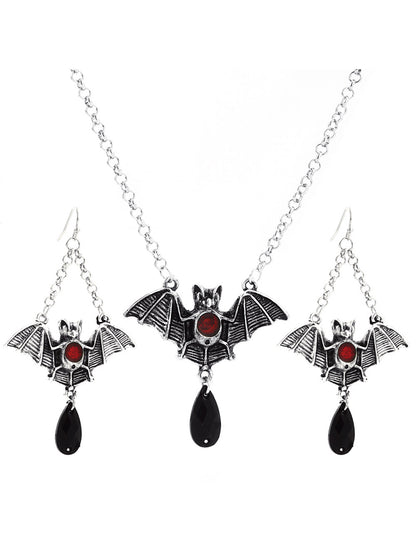 Halloween Gothic Water Drop Bat Cross Earrings and Necklace Set