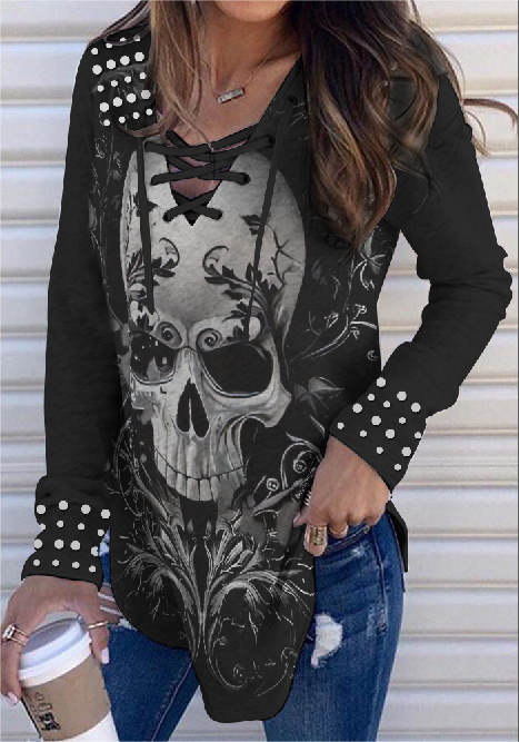 Sexy Skull V-neck Strap Long-Sleeved T-shirt