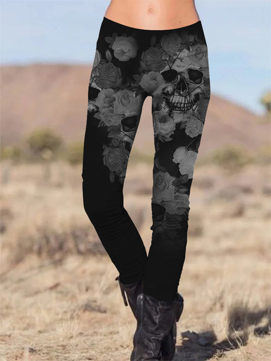 Gothic Skull Black White Printed Slim Fit Pants