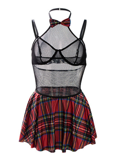 Sexy Suspender Underwear Fishnet See-through Jumpsuit Plaid Skirt Outfit