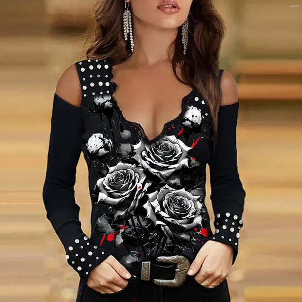 Gothic Dark Rose off-Shoulder Laced T-Shirt