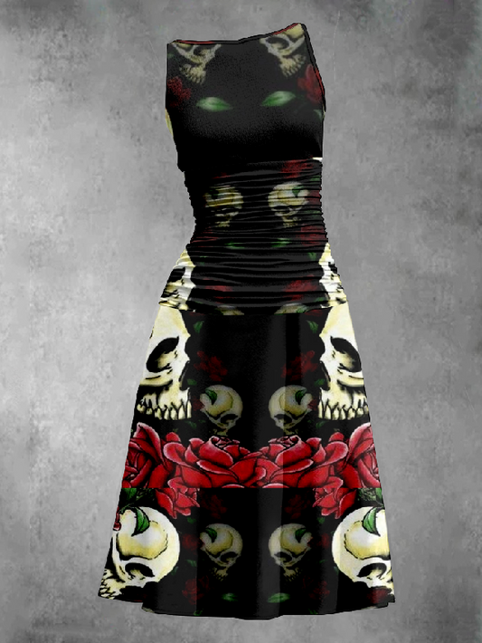 Gothic Rose Skull Printed Pleated Vest Dress