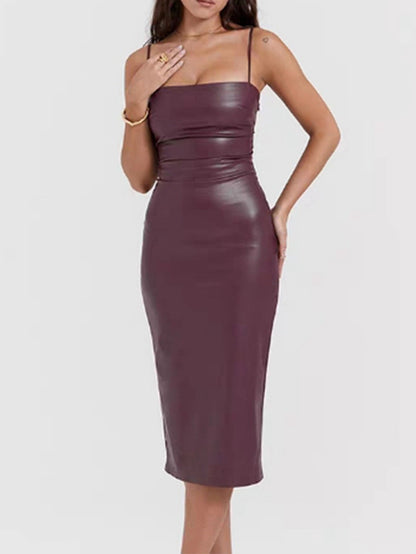 Sexy Pu Slim Fit Backless Lace-up Hip Split Dress