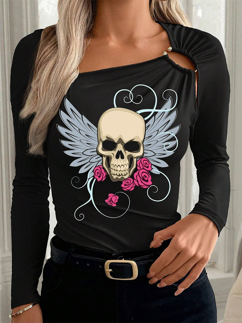 Women's Gothic Skull Flowy Wings Gold Buckle Long Sleeve T-shirt