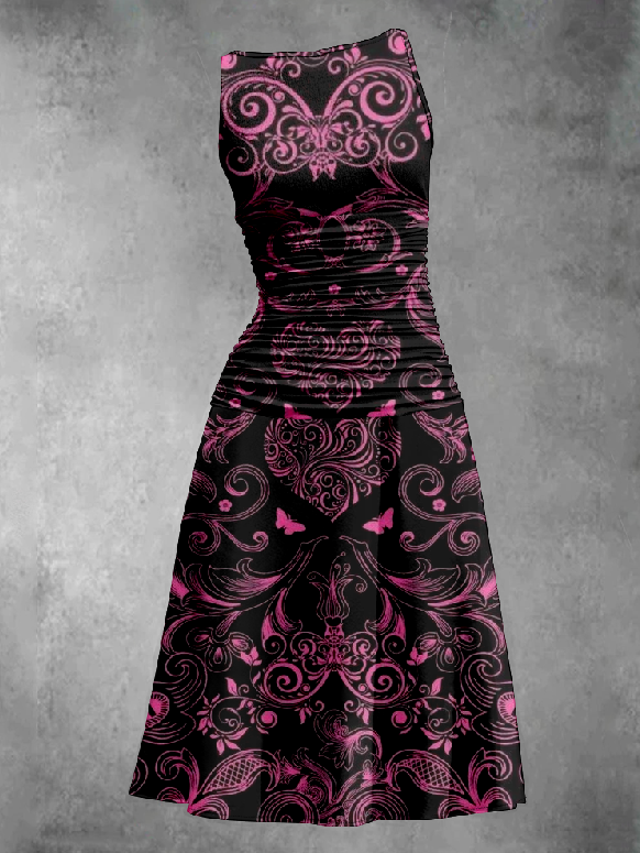 Gothic Pink Pattern Printed Pleated Vest Dress