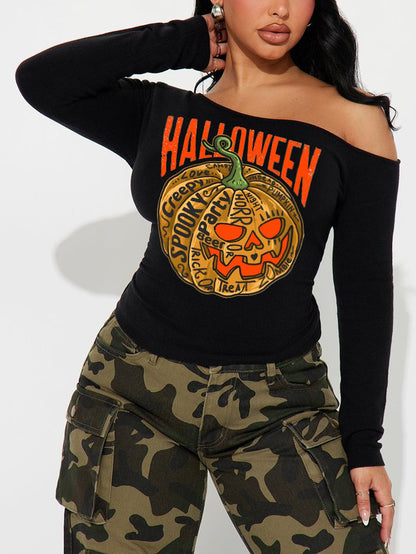 Halloween Pumpkin Print Sexy Slant-Shoulder Pleated Long-Sleeved Top