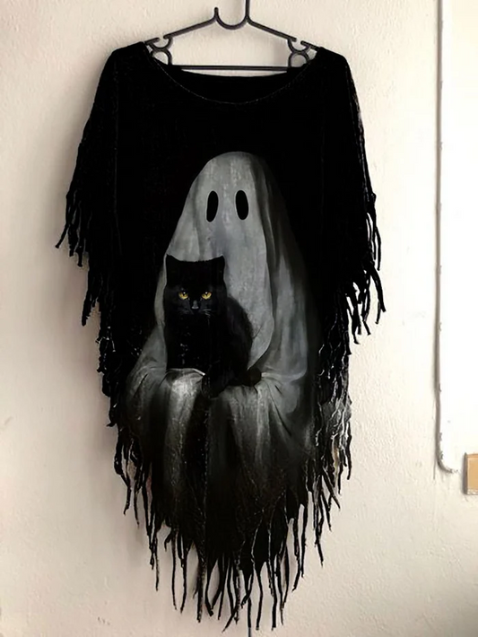 Women's Spooky Ghost Cat Print Tassel Shawl T-shirt