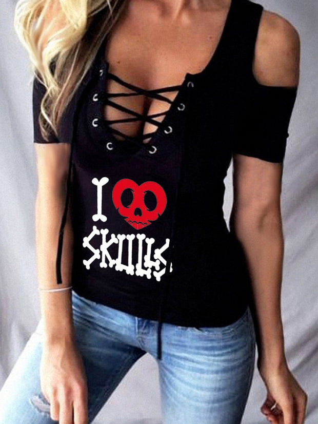 Skull Print Sexy off-the-Shoulder Lace-up Short-Sleeved T-shirt