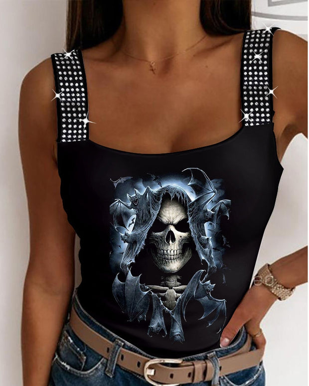 Gothic Death Skull Print Shiny Sexy Suspenders Vest
