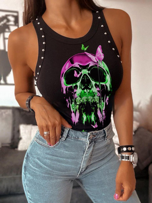 Psychedelic Melting Skull Printed Metal Beads Knited Bottomming Vest