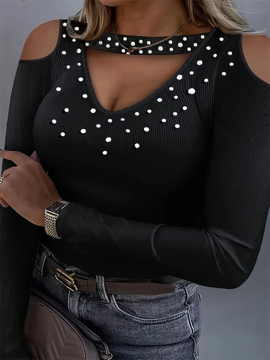 Sexy Solid Color Pearl V-neck off-Shoulder Long-Sleeved Top