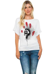 Fried Hair Skull Printed Batwing Sleeve round Neck Short Sleeve T-shirt