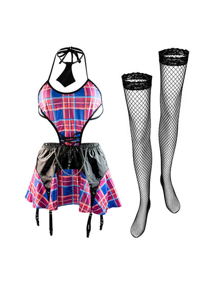 Sexy Plaid PU Leather Stitching Halter Dress Stockings Suit