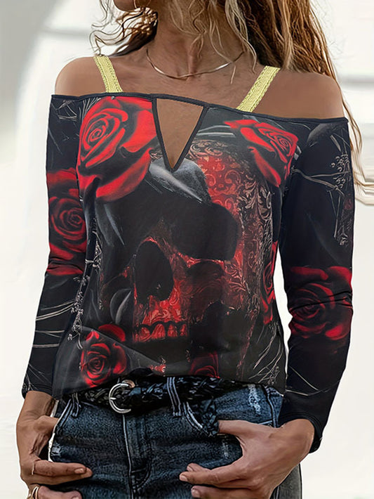 Fashion Skull Print Hollow out Stitching Long Sleeve Top