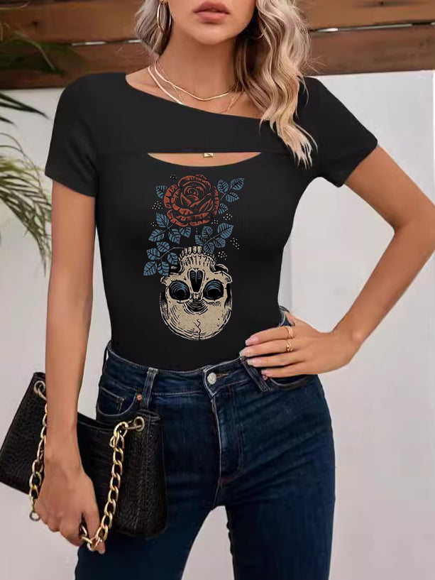 Skull Vase Rose Printed Sexy off-the-Shoulder Tops