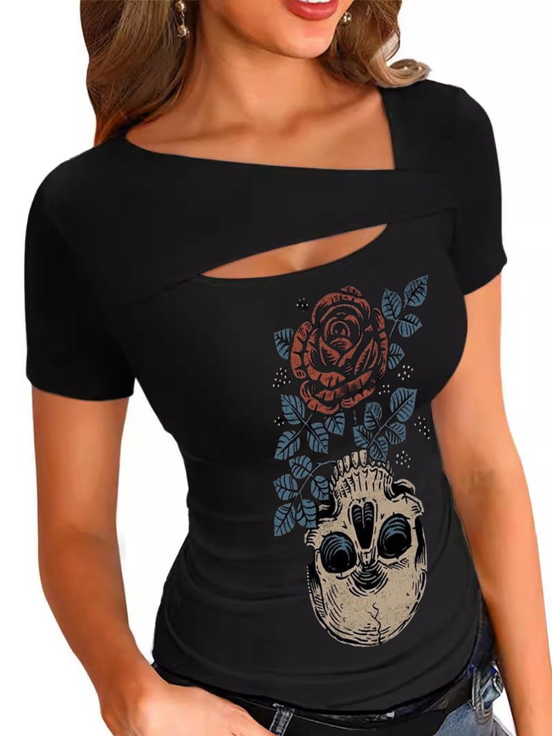 Skull Vase Rose Printed Sexy off-the-Shoulder Tops