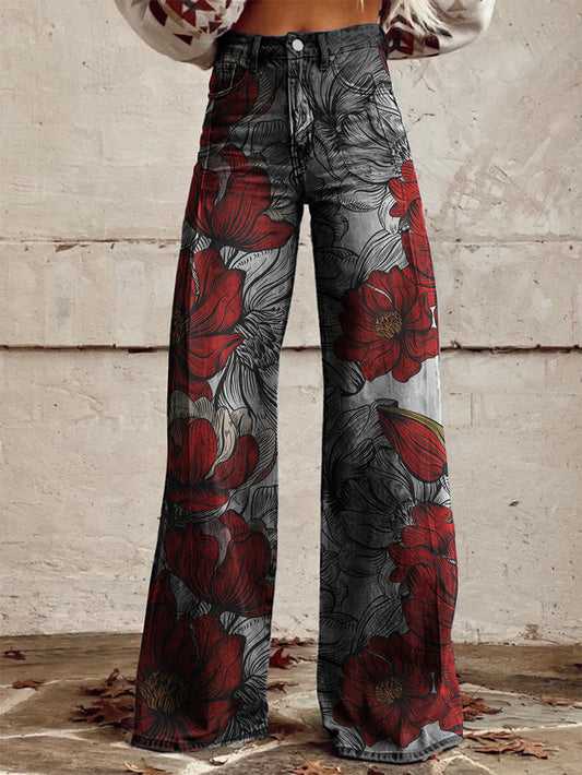 Art Big Red Flower Print Wide-Leg Pants