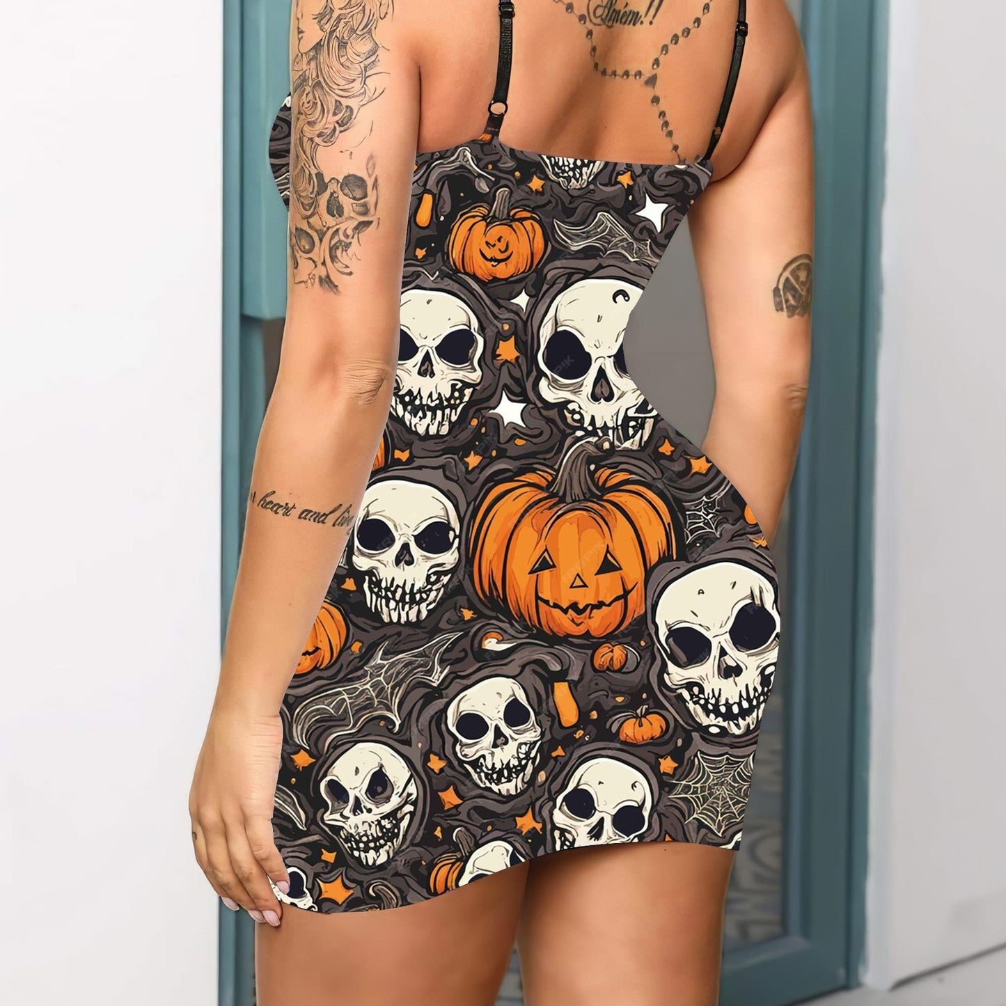 Halloween Pattern Print V-neck Eyelet Lace-up Suspension Dress