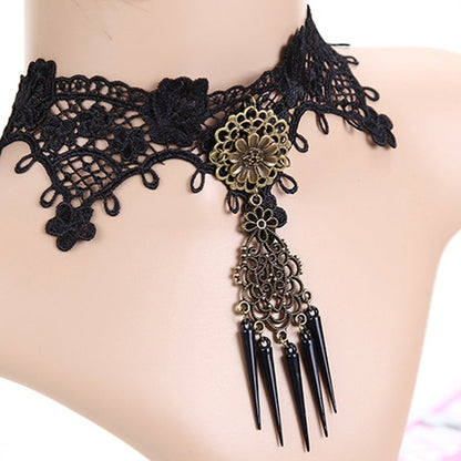 Punk Hollowed Lace Drop Charm Necklace