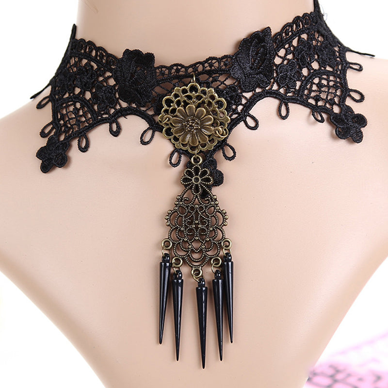 Punk Hollowed Lace Drop Charm Necklace