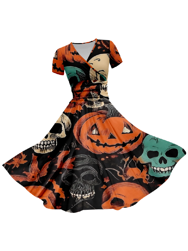 Halloween Skull Pumpkin Printed V Neck Short Sleeve Long Dress