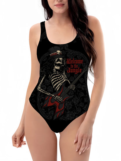 Skull of Rock Print Back Cross Swimsuit with Shoulder Straps (with Chest Pad)