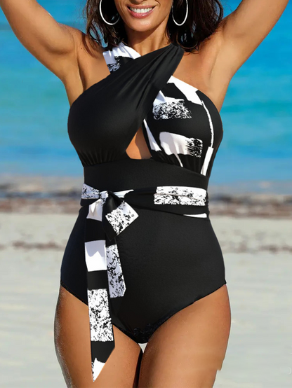 Sexy Print Cross One Piece Swimsuit