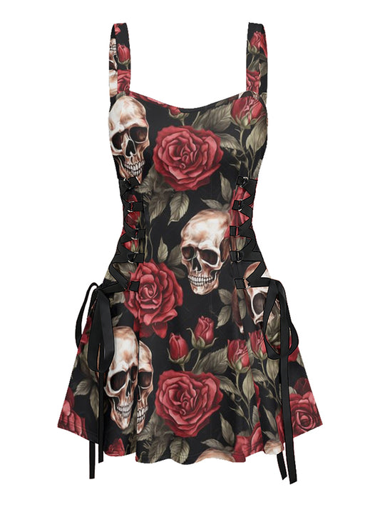 Red Rose Skull Printed Lace up Suspension Skirt